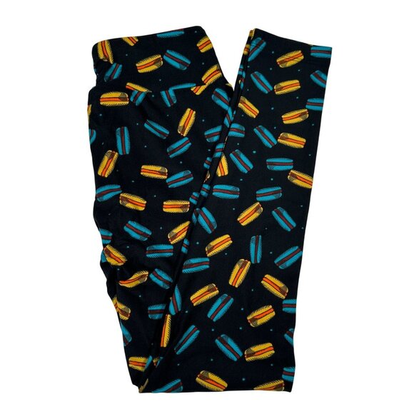 LuLaRoe Macaroon Black Blue Hot Dogs Sandwich Cookies Yellow Leggings One Size - Picture 1 of 6
